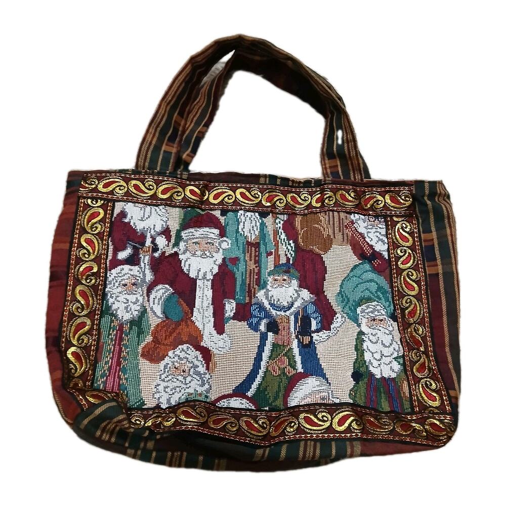 Vintage Tapestry Christmas Santa Tote Bag Holiday Plaid Striped Fabric Hook Loop